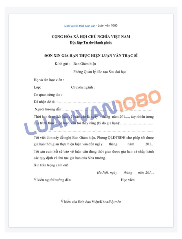 Mẫu đơn xin gia hạn bảo vệ luận văn thạc sĩ VNUHCM-US