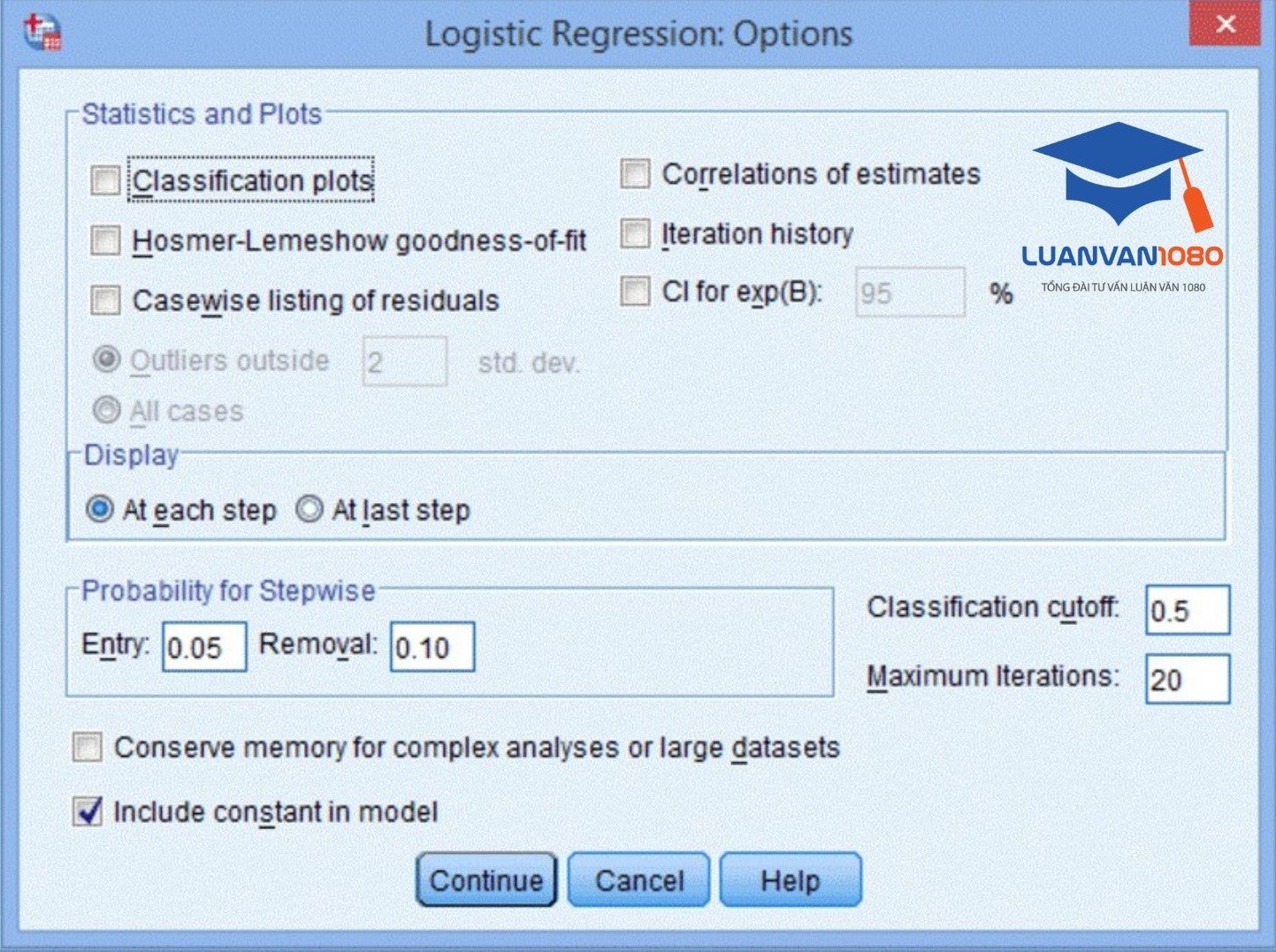 Giao diện hộp thoại Logistic Regression: Options