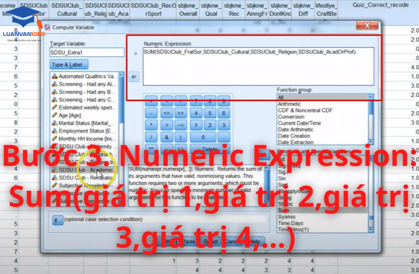 Bước 3. Numeric Expression: Sum(giá trị 1,giá trị 2,giá trị 3,giá trị 4,…)