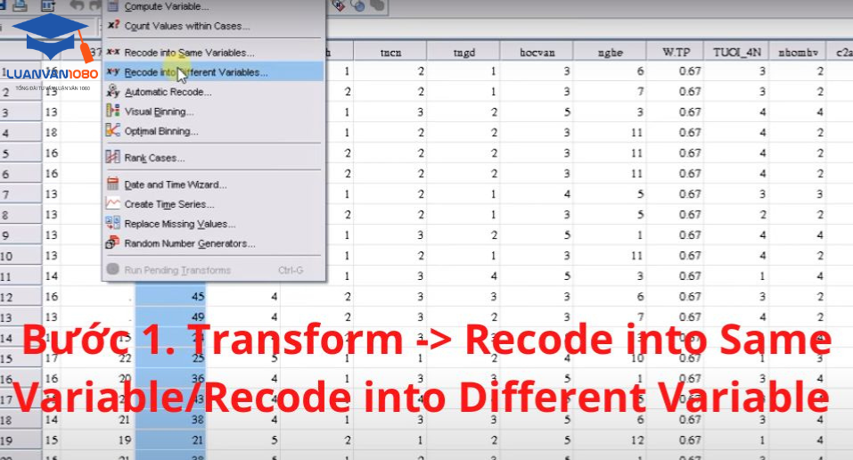 Bước 1. Transform -> Recode into Same Variable/Recode into Different Variable