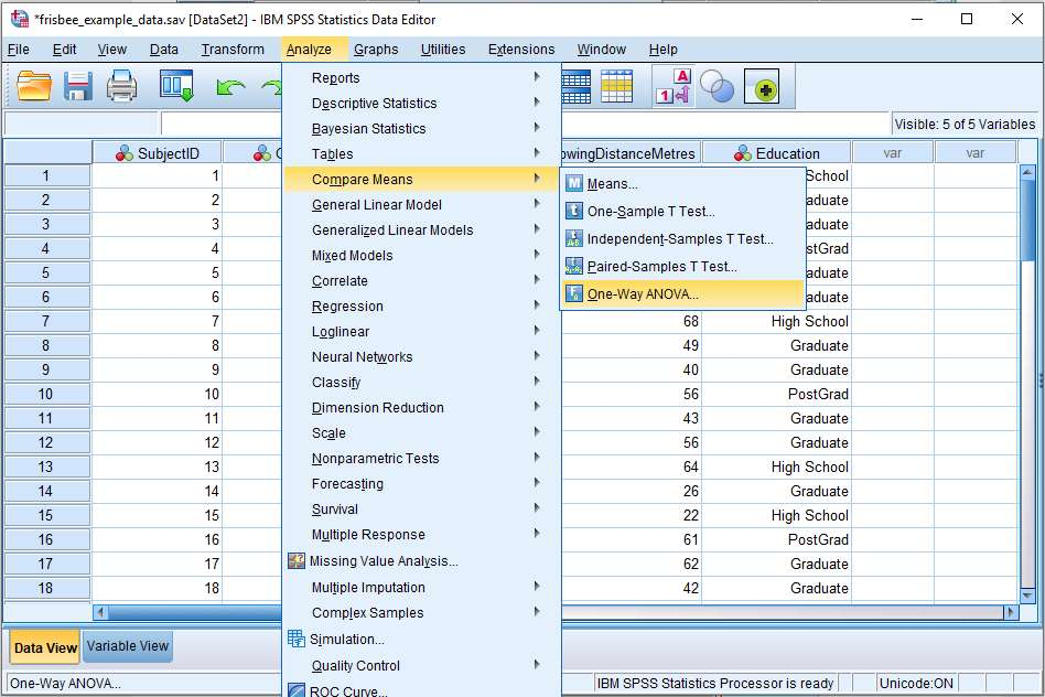 Chọn One-way ANOVA trong thanh menu trong phần mềm SPSS