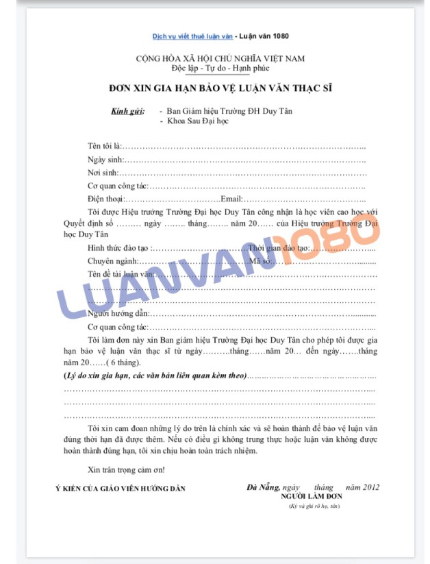 Mẫu đơn xin gia hạn bảo vệ luận văn thạc sĩ DTU