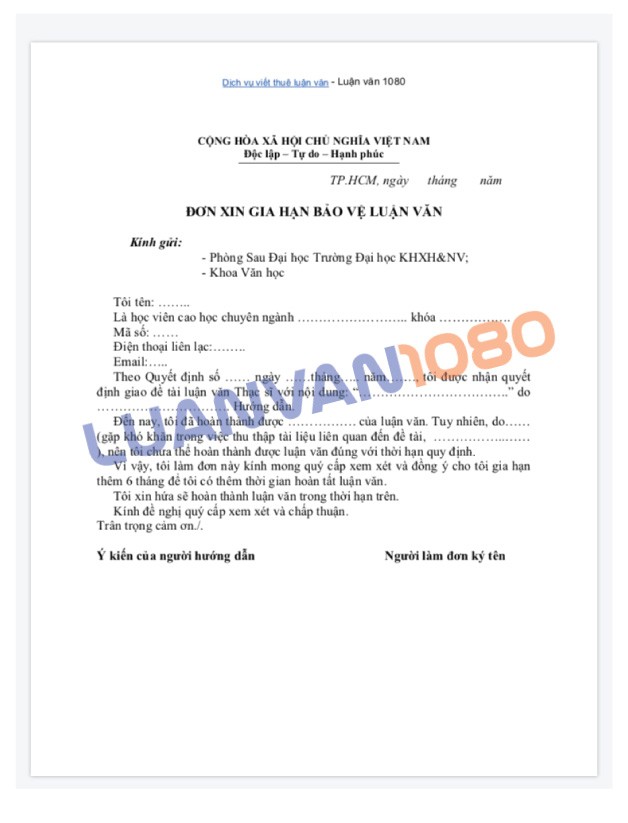 Đơn xin gia hạn bảo vệ luận văn thạc sĩ USSH
