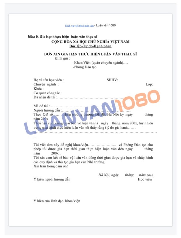 Mẫu đơn xin gia hạn bảo vệ luận văn HUST