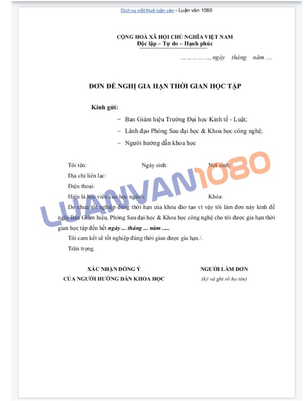 Mẫu đơn xin gia hạn bảo vệ luận văn thạc sĩ UEL