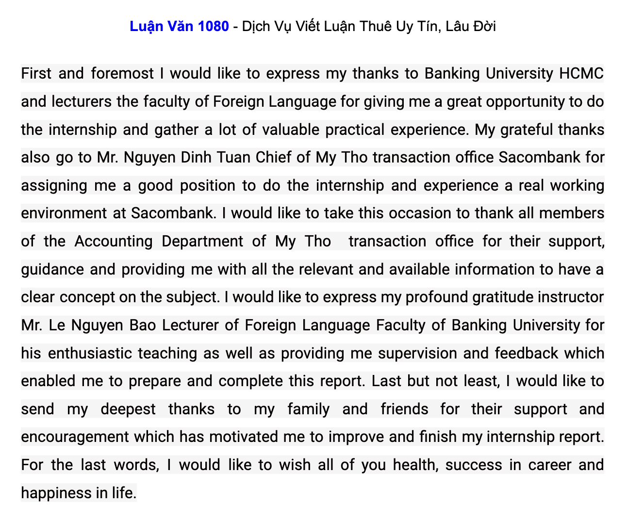 Mẫu viết acknowledgement về ngân hàng hay
