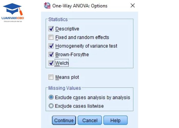 Tích vào Descriptive, Homogeneity of variance test, Brown-Forsythe, Welch 