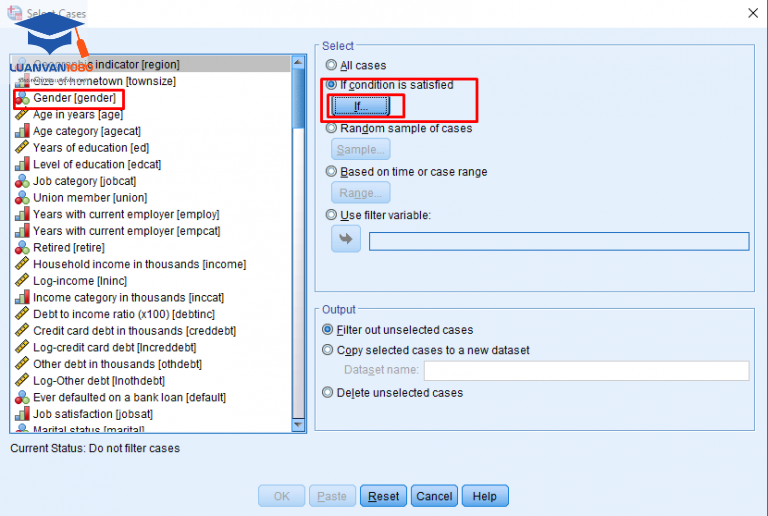Bước 2. Làm sạch dữ liệu SPSS: giao diện Select Cases
