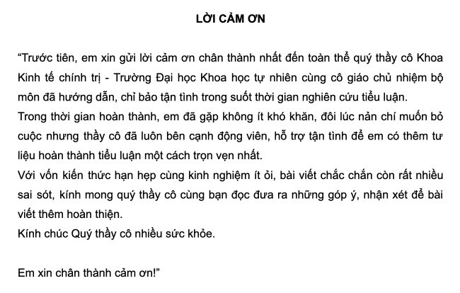 Lời cảm ơn trong tiểu luận mẫu 3