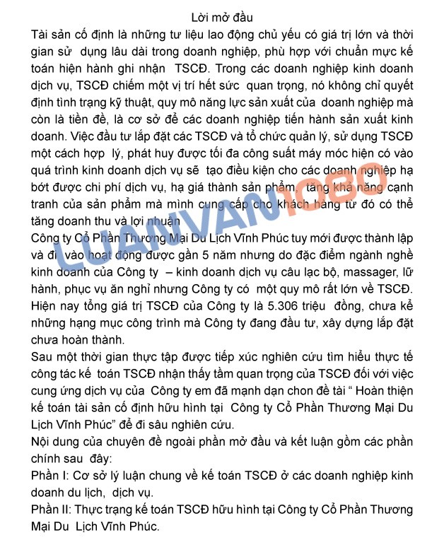 Luận văn kế toán tài sản cố định tại Công ty Thương Mại Du Lịch