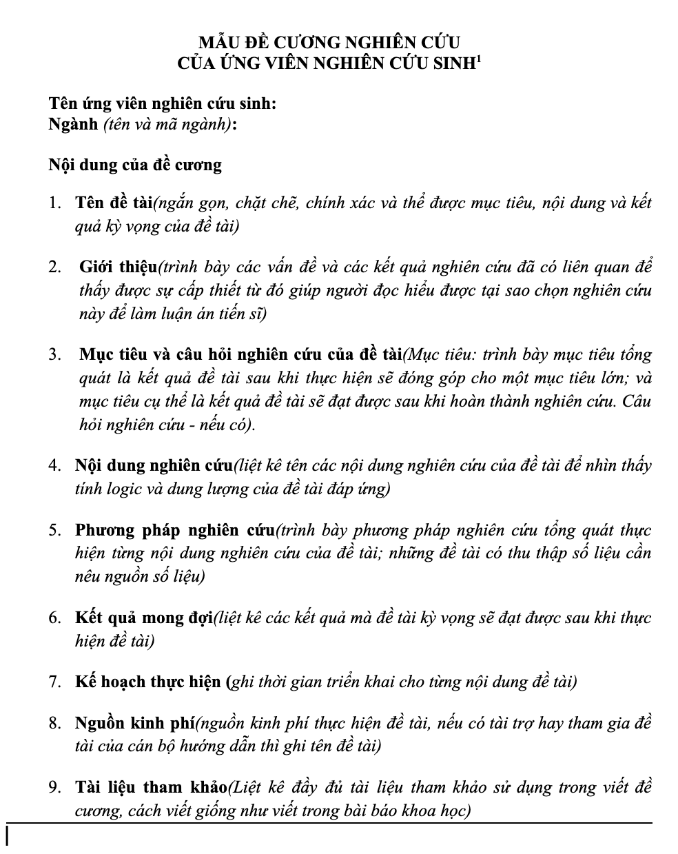 Mẫu đề cương nghiên cứu khoa học